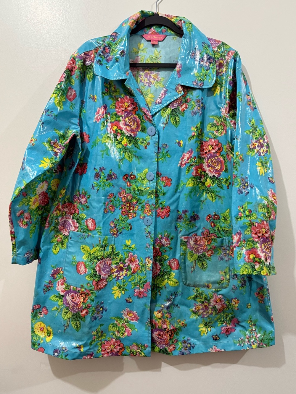 April Cornell Floral Vinyl Raincoat Jacket – Rare – XL turquoise